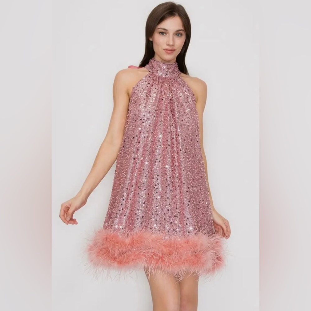 Blush Pink Sequin and Pearl Sleeveless A Line Dress with Ostrich Feather Trim